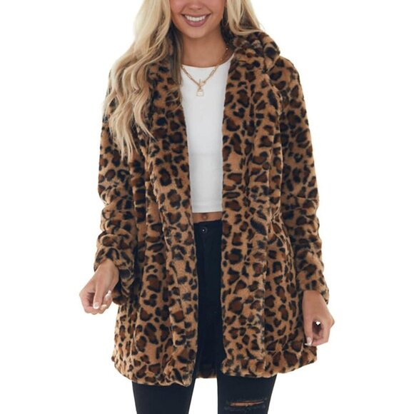 Women's Faux Fur Leopard Coat Large Casual Winter Outwear with Pockets